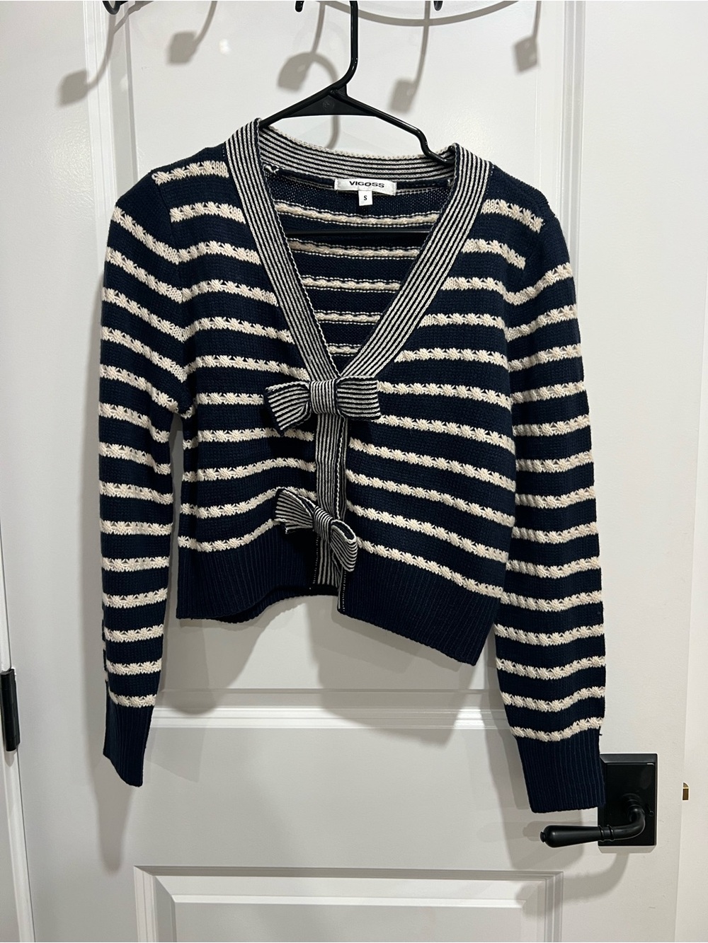 Navy and Cream Striped Bow-Front Sweater